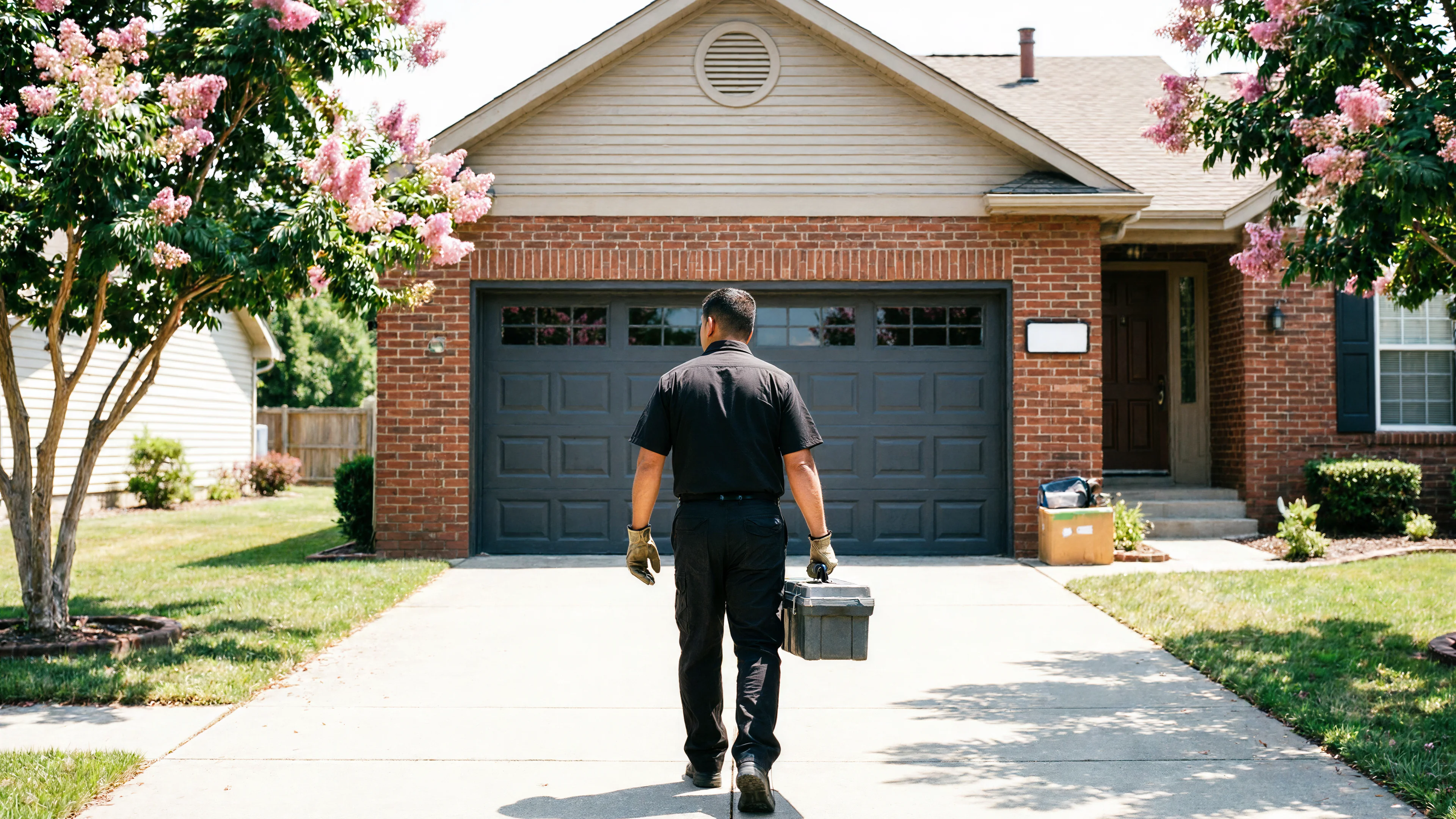 A technician walks toward a brick house with a dark gray garage door.